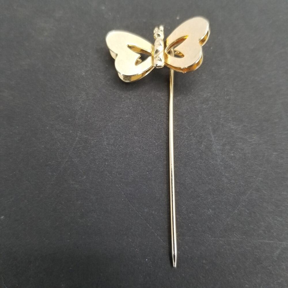 Vintage Golden Butterfly Stick Lapel Pin Sharp End Womens Costume Jewelry